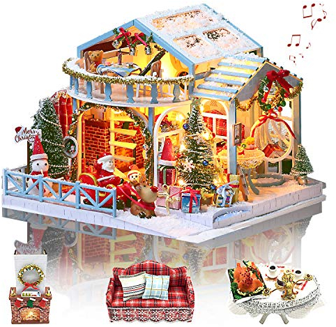 GuDoQi Casas de Munecas Miniaturas Nochebuena con Música, Casa Miniatura para Montar, DIY Manualidades, Maquetas para Construir, Regalos Originales para Madres, Novia y Niñas