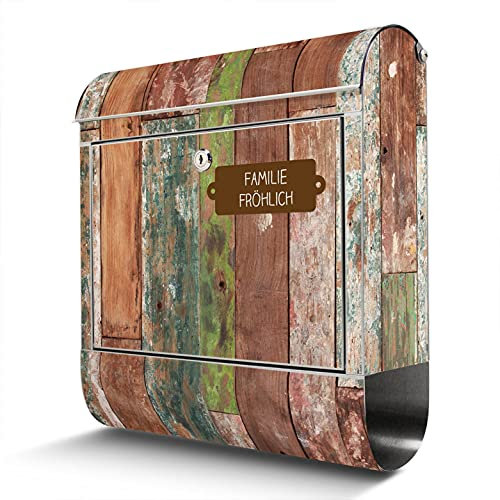 banjado® Briefkasten Edelstahl personalisiert mit Motiv Buntes Holz 38x43x12cm & 2 Schlüssel - rostfreier Edelstahl Briefkasten mit Zeitungsfach - Postkasten A4 Einwurf inkl. Montagematerial