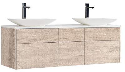 StoneArt Badmöbel Set Mineralguss Waschbecken Waschschale Aufsatzwaschbecken und Unterschrank Waschtisch Einzel- oder Doppelwaschbecken Venice VE-1610pro-1 Eiche hell 160cm