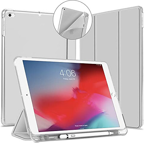 VAGHVEO Funda para iPad 9.7 2018/2017, iPad Air 1/2 Cover con Soporte para Lápices, Protectora de Piel PU Smart Case [Auto Sueño/Estela], Flexible Suave TPU Translúcido Parte Trasera Cubierta, Gris