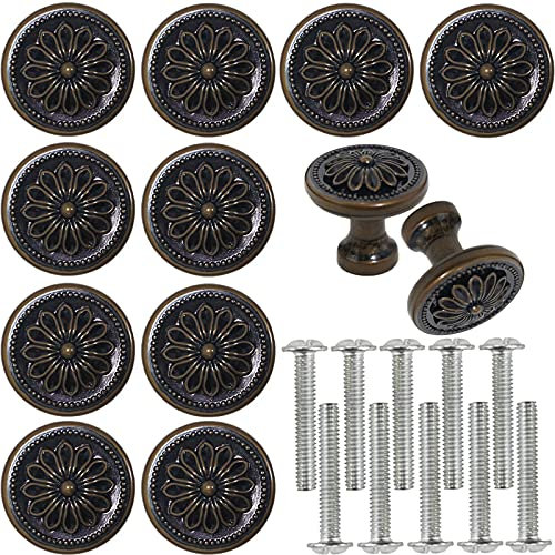 12-Piece Drawer Knobs Cabinet Knobs Wardrobe Knobs, Cupboard Drawer Door Pull Handles With Screws Furniture Knobs Classic Closet Pull Knob for Dresser Door Kitchen Cabinet Hardware (Brown-Flower)