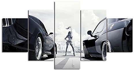 Wondbeau Leinwanddrucke Modulare Wandkunst Wandaufkleber 5 Teiliges Wandbild Druck auf Leinwand Malerei Moderne Abstrakte Poster Mit Rahmen XL/200cm×100cm Fast And Furious Autorennen