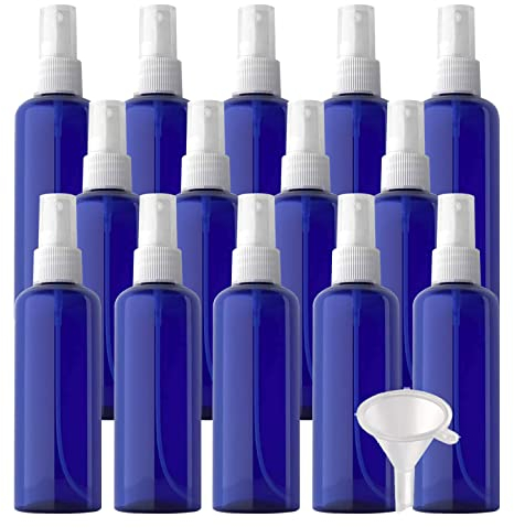 20 Piezas 100ml Botellas de Spray Azul, Botes Pulverizador de Plástico, Rellenables Botella con Bomba en Spray Transparente para Cosméticos Perfumes Viajes y 2X Embudos