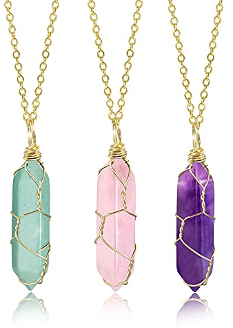 Kristall Kette Gold, 3 Stücke Rosenquarz Amethyst Kette Kristalle Heilsteine Kette Sechseckig Edelstein Anhänger Heilkristalle Halskette Damen