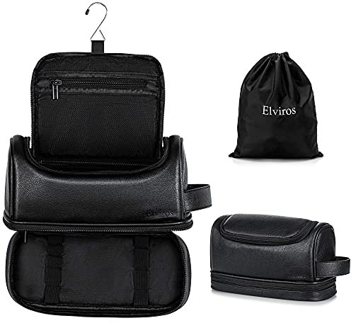 Elviros Water-Resistant Leather Toiletry Bag for Men Large Double-Layer Travel Wash Bag Shaving Dopp Kit Bathroom Gym Toiletries Makeup Organizer,Gift for Men (Black Large)