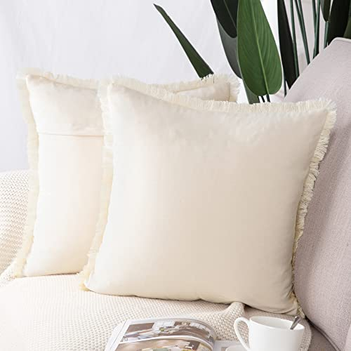 Madizz 2er Set Kissenbezügen aus Wildleder mit Fransenquasten Weiche dekorative Kissenbezüge für Sofa Schlafzimmer Kissenhülle Beige 45x45 cm Quadrat