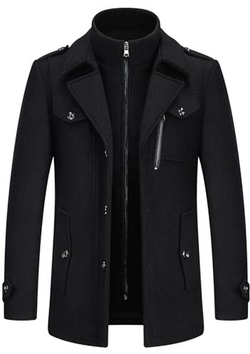 KUDORO Herren Wintermantel Wolle Kurzmantel Herren Wollmantel Mittellang Slim Fit für Business Freizeit Peacoat Herren Casual(Schwarz1,M)
