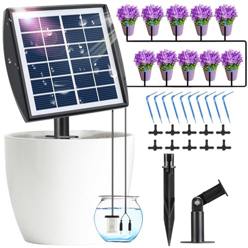 YaNovate - Sistema de riego por goteo automático solar, sistema de jardinería para plantas en maceta con alarma automática y 6 modos de temporizador para exteriores