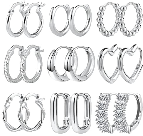 ALEXCRAFT Ohrringe Silber Damen, Multipack Ohrringe Silber Creolen Set Kleine, Ohrringe Creolen Eckig Oval Herz Klobig Twist Quadrat Piercing Knorpel Kreolen Ohrringe Set Silber Creolen Damen Herren