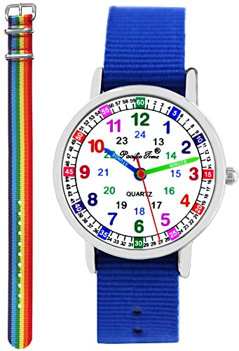 Pacific Time Kinderuhr Lernuhr Mädchen Jungen Einschulung Geschenk-Set | 2 Wechselarmbänder, 12/24-h-Lernzifferblatt und 5 ATM wasserdicht. Geschenk zur Einschulung, Geburtstag oder Weihnachten.
