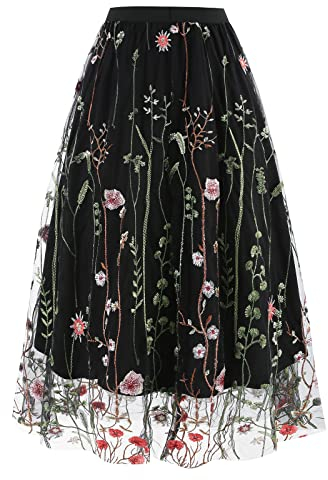 Damen T?llrock Langes Blumen Stickerei Rock Elegant Elastischer A-Linie Lagenrock Plissee T?ll Langes Kleid Blumenmuster Midir?cke Hohe Taille L?ssiges M?dchen Rock Vintage 50er Meshrock Schwarz XXL