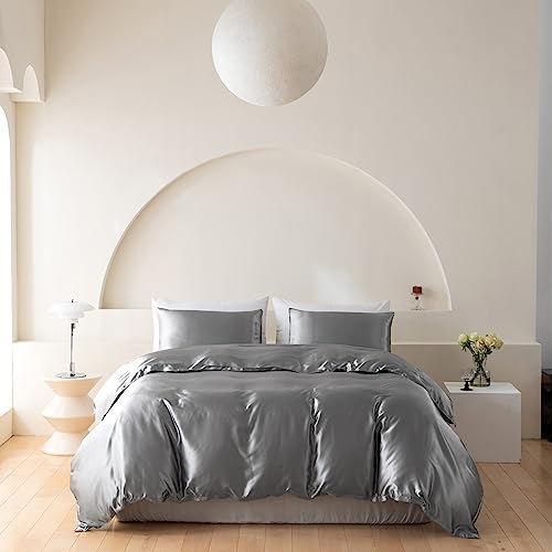Wotcsil Satin Bettwäsche 200x200 Silber-Grau Damast Seidenbettwäsche Bettwäsche 200x200 Satin Seiden Bettbezug Set Seidige Uni Einfarbig Polyester Seide Bettbezug Mit Kissenbezug