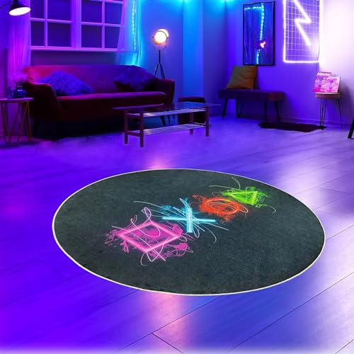 CARPETIA Runder Gamer Teppich Gaming Zimmer lebendige Neon-Farben ikonische Symbole schwarzer Hintergrund 120 cm rund