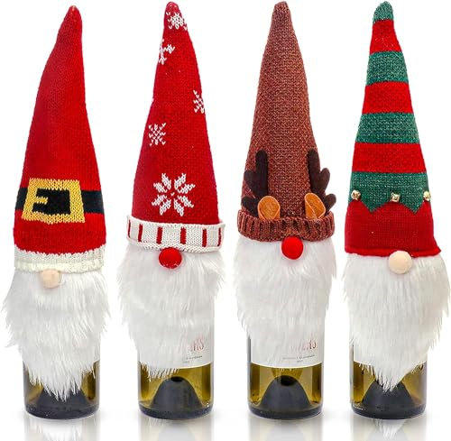 EKKONG Couvertures de Bouteille de Vin de Noël, 4 Pièces Emballage Bouteille Vin Bouteille de Vin Housse Noël pour la Décoration de Bouteille de Vin de Table de Noël en Famille