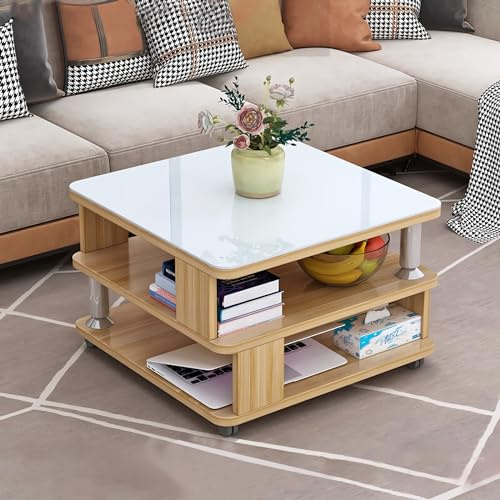 GHBXJX Klein Couchtisch mit Stauraum und Rollen, Sofa Beistelltisch Holztisch Wohnzimmer Tisch, Coffee Table Couchtische mit Glasplatte, einfacher Aufbau, moderner Stil, 50x50x55 cm,D