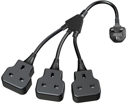 3 Way Extension Lead with Short Cable (UK Plug Included), 3-in-1 Double Sockets Extension, 3 AC Outlets Power Strip 3500W (250V/13A) for Home Travel Office, Small Power Cord, Black