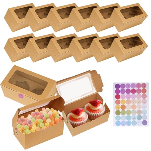 JETOP 16 Packs Kraft Cupcake Boxes 2 Holes, Small Cake Boxes with Window and Insert, Bakery Pastry Packaging Boxes for Muffin Treat Brownie Cake Sweet Bakery Cookie Biscuit Dessert Candy Gifts