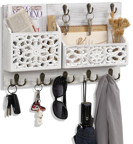 QILICZ Schlüsselhalter Retro Weiß Schlüsselbrett mit 2 Briefhalter &13 Schlüsselhake,Europäischen Aushöhlen unterlagenhalter,Schlüsselregal Zeitungsständer Schlüsselkasten für Eingang,Flur,Büro