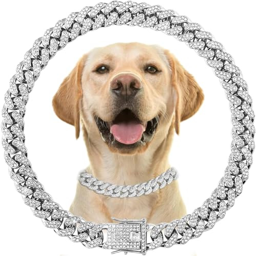 Silberfarbenes Kettenhalsband für große Hunde mit Diamanten, glitzerndes Metall, kubanische Glieder-Hundehalsbänder, Strass-Glitzer, Welpen-Halskette für kleine, mittelgroße und große Haustiere, Hunde