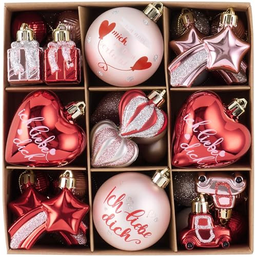 Valery Madelyn 35pcs Valentinstag deko Herz Kugeln,Heiratsantrag Hochzeitsdeko,Romantisch Deko Rot Rosa Silber Set, Frühlingsdeko Hängedeko,3-6cm