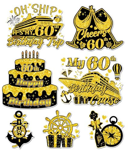 MENIFEND Cruise Door Decorations Magnetic - 7 Pcs 60th Birthday Cruise Door Magnets, Gold & Black Reusable Waterproof Magnet Stickers Decor for Ship Cabin Door Carnival Fridge Celebration Party