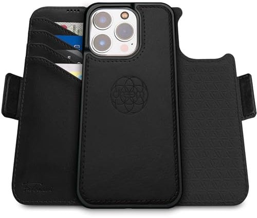 Dreem Fibonacci kompatibel mit iPhone 16 Pro Brieftaschen-Etui / 2-in-1 stoßfestes Etui und abnehmbares Folio aus veganem Leder, kompatibel mit MagSafe, RFID-Schutz [Schwarz]