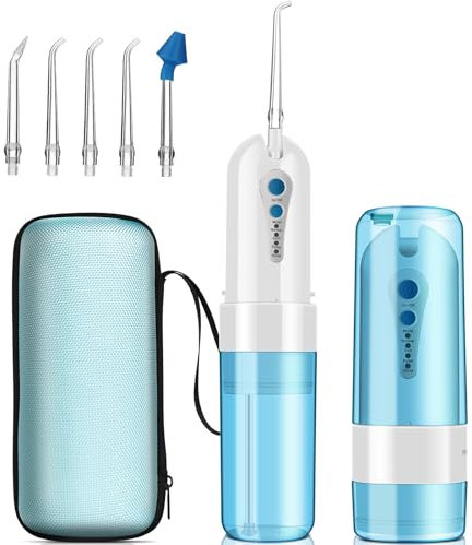 UODIR Munddusche Kabellos, Tragbarer Mini-Wasserzahnreinige mit Etui, 4 Modi und 5 um Ersatzdüsen, Elektrische Zahnreinigung, IPX7 Wasserdicht für Zuhause und Reise (Blau/Weiß)