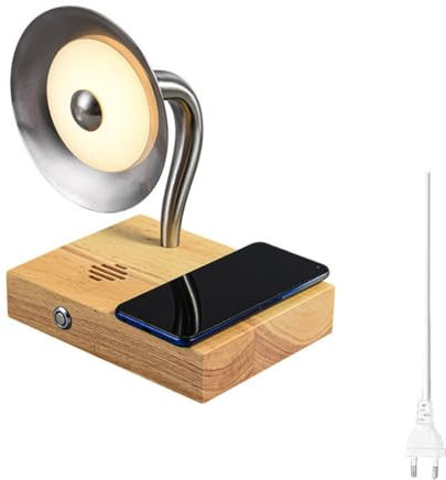 LOGT Nachttischlampe mit Bluetooth Lautsprecher LED Holz Tischlampe mit Wireless Charger Touch Dimmmodi Night Light Table Musikbox Intelligente Induktive Ladestation Vintage Leseleuchte,B
