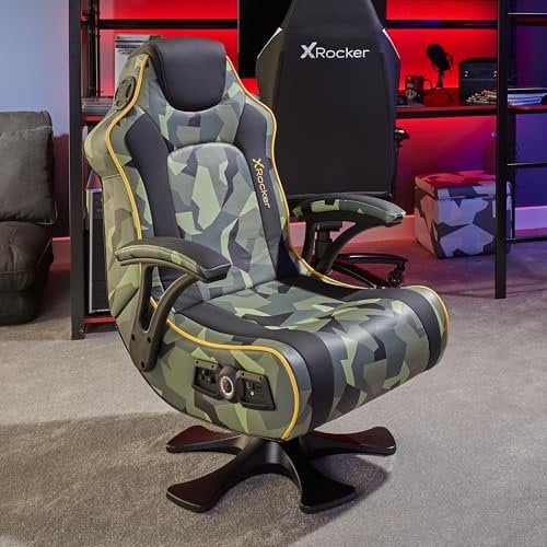 X-Rocker Covert Ops Gaming Chair, 2.1 Multi-Stereo Sound Console Gaming Seat with Bluetooth Speakers, Subwoofer and Vibration Faux Leather Folding for Mobile, Switch, PS5, XBOX - Camo Green/Black