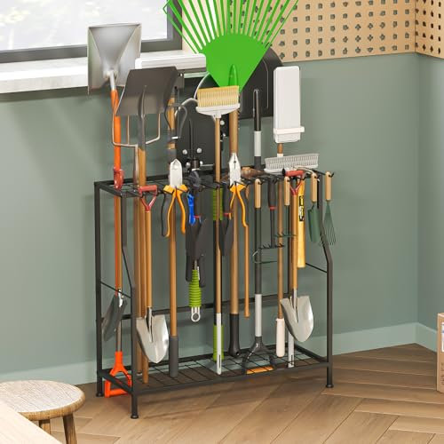 Garden Tool Organizer Stand – Heavy-Duty Metal Yard Tool Rack for Garage & Shed, Holds 43 Long-Handled Tools, Rakes, Shovels & Brooms, 5 Large Slots for D/Y-Shaped Handles, Sturdy Tool Storage Holder