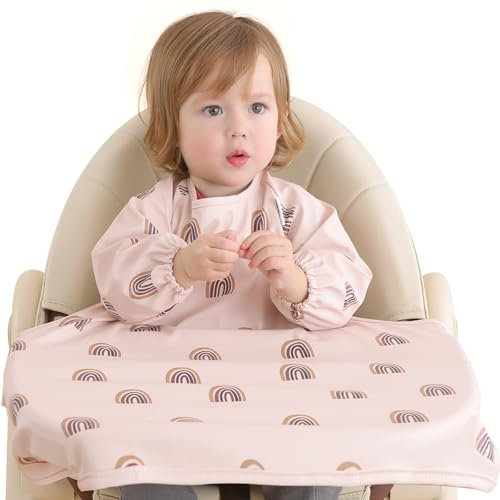 Yiupea Baby Lätzchen mit Langen Ärmeln Befestigen, um Hochstuhl für 6 bis 24 Monate, Wasserdicht Leicht zu Reinigen Baby Entwöhnung Lätzchen und Maschine Waschbar, PU Weiches Material &BLW-Rosa