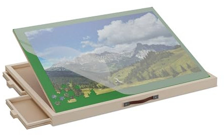Relaxdays Puzzlebrett mit 4 Schubladen, für Puzzle bis 1000 Teile, neigbar, Holz Puzzlematte, Puzzleplateau, natur/grün