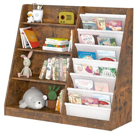 KEEPREAPER Bücherregal Kinder mit 4 offenen Fächern und 6 Ablage, Kinderregal aus Holz Spielzeugregal Montessori, Aufbewahrungsregal für Kinderzimmer, 110x40x100cm (vintagebraun-Großformat)