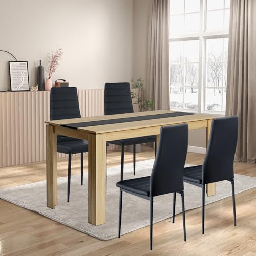FURNITABLE Esstisch mit 4 Stühlen Esszimmergruppe, Essgruppe mit Hochlehner Kunstleder Stuhl für 4 Personen, Sitzgruppe für Küche Esszimmer Wohnzimmer(140cm Eiche-Schwarz Tisch+4 Schwarz Stühle)
