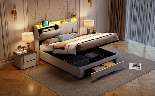 JDEFARF Queen-Size-Bettrahmen mit LED-Lichtern, Plattformbett mit Stauraum-Kopfteil, Hebebett mit USB, Polsterbett, kein Boxspringbett erforderlich (140 x 200 cm)