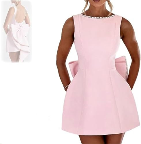 CupitiDU Robe de soirée vintage en satin avec nœud, perles dos nu, mini robe trapèze avec nœuds, mini robe de bal courte pour femme, robe de bal de fin d'année, robe de soirée, rose, XL