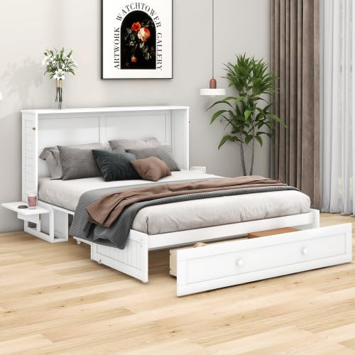 Mobiles Schrankbett Mit Schubladen Am Bettende Und Kleinem Regal An Der Seite des Bettes Verwandelbare Plattformbetten Jugendbett Für Erwachsene Gästebett Einzelbett Ohne Matratze Weiß 140x200 cm