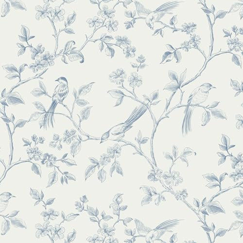 Yomshi Peel and Stick Wallpaper Blue 41x500cm Self Adhesive Wallpaper Flower Bird Contact Paper Retro Style Vinyl Wrap Sticky Back Plastic for Living Room Bedroom Kitchen