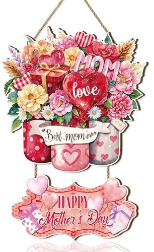 Ausril Mother's Day Wood Plaque, Colorful Floral Door Hanging,Welcome Wreath Door Hanger,Pink Gift Box Mother’S Decor, Floral Hanging Wood Sign,Farmhouse Porch Decorations For Porch,Garden