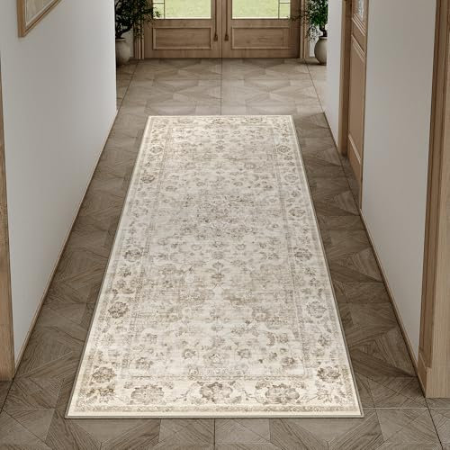 HUGEAR Vintage Beige Waschbarer Läufer Teppich Flur 60x180cm Bettvorleger Küchen Wohnzimmer Schlafzimmer Teppiche rutschfest Kurzflor Weich Flurläufer Teppichläufer