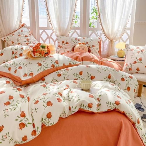 Freyamy Bettwäsche 135x200cm 2teilig Weiß Karamell Granatapfel Blätter Pflanzen Bettwaren-Sets 100% Microfaser Mädchen Bettbezug mit Reißverschluss und Kissenbezug 80x80cm