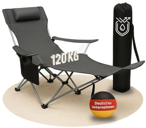 Coemo Campingstuhl Grau, zusammenklappbar, verstellbar, Liegestuhl mit Kopfstütze, Getränkehalter, Tasche, Relaxliege leicht, tragbar, Verstellbarer Faltstuhl, zusammenklappbarer Stuhl