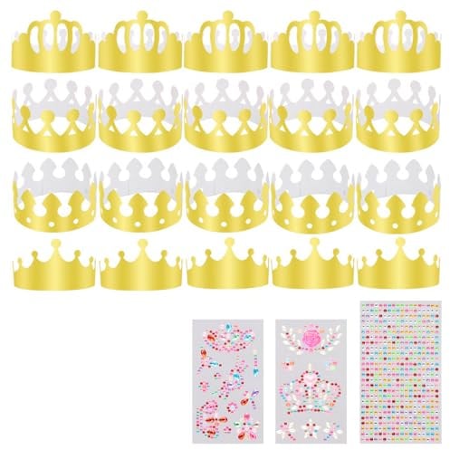 Culinavog 20 Stück Golden Paper Crowns, 3 Blätter Selbstklebende Strasssticker, DIY Party Kronenhut Set, Goldfolie Papier Party Crown Hut Kappe für Jungen Mädchen Party Familienfeiern Kinder
