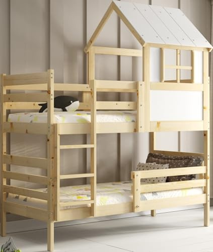 Interbeds Etagenbett Hausbett 190x90cm Hochbett Naturholz Massivholz 2 Plätze mit Rausfallschutz mit Lattenrost Bettgestell trennbar in 2 Einzelbetten ohne Matratze (190x90cm)