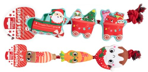 YöL Set of 2 Squeaky Plush Christmas Dinner on Rope Dog Toys – Red Rope Festive Plush Characters Pig in Blanket, Pudding & Carrot – Internal Squeakers – Interactive Chew, Tug Of War & Fetch
