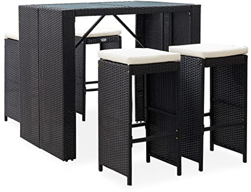 Teenpull 5-TLG. Garten-Bar-Set, Poly Rattan, Glasplatte, Schwarz, 120x80x110cm Tisch, Outdoor Barhocker, wasserfestes Terrassenmöbel-Set für Balkon, Veranda