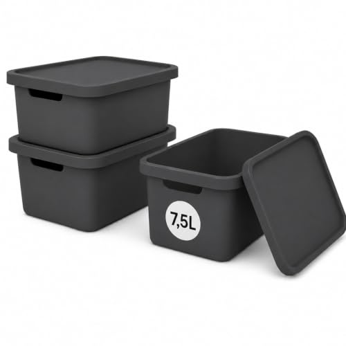 Plastard Aufbewahrungsbox mit Deckel 3er-Set 7,5 Liter in Anthrazit | BPA-Freie Ordnungsbox für Küche, Bad, Büro, Kinderzimmer, Robuste Stapelbare Kunststoffbox, 32 x 22 x 15 cm, Ordnungskiste