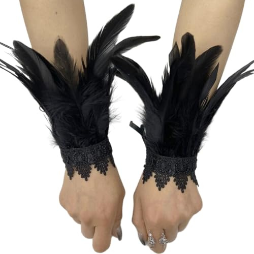 OIXEYA 1 Paar Feder Manschetten, Pfau Kostüm Damen, Mardi Gras Kostüme Gothic Feder Manschette, Hand Federn Damen Spitze Feder Fingerlose Handschuhe für Halloween Karneval Rollenspiel Party (Schwarz)
