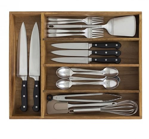 Smuxee Acacia Wood Kitchen Silverware Drawer Organizer, 5 Compartment Utensil Holder, Kitchen Drawer Divider for Silverware and Kitchenware