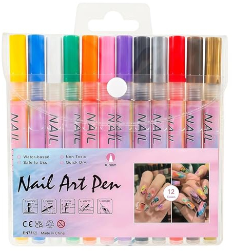 Yongst 12-Color Nail Art Pens Set, 0.7mm Fine Tip Acrylic Paint Markers for 3D Designs, Quick-Drying Varnish Kit Perfect for Home, Salon, DIY & Nail Parties
